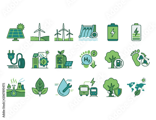 green energy and sustainability icon set. featuring solar, wind, hydro, and eco-friendly technology symbols in flat vector style for environment and renewable power projects