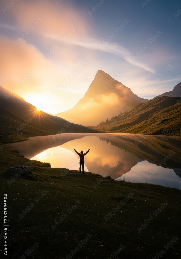 Fototapeta premium Hiker with Raised Arms Celebrating Success at Sunrise by a Calm Mountain Lake Reflection
