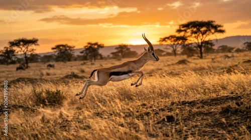 A Thomson's gazelle leaping in a grassy savannah at sunset, with a golden sky and silhouetted trees in the background.