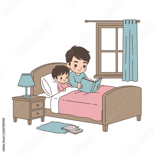 Father reads bedtime story to his son in bed