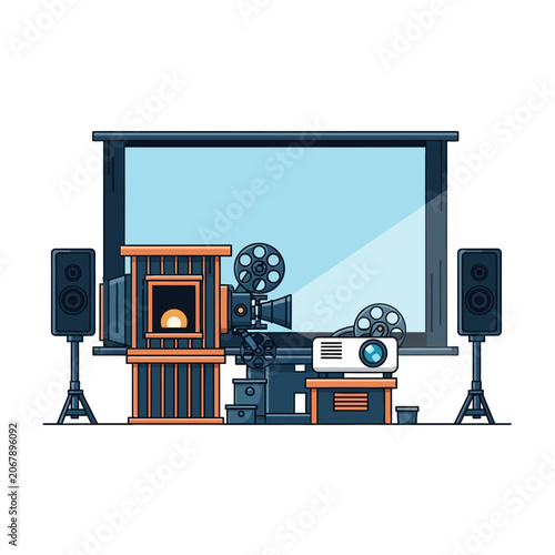 Vintage projector and screen with speakers for movie entertainment