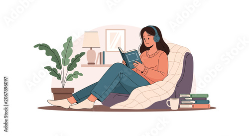 Woman listening to headphones reading a book indoors