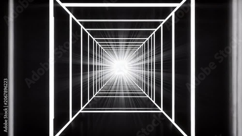 Black and white square frame tunnel with strong perspective and bright center