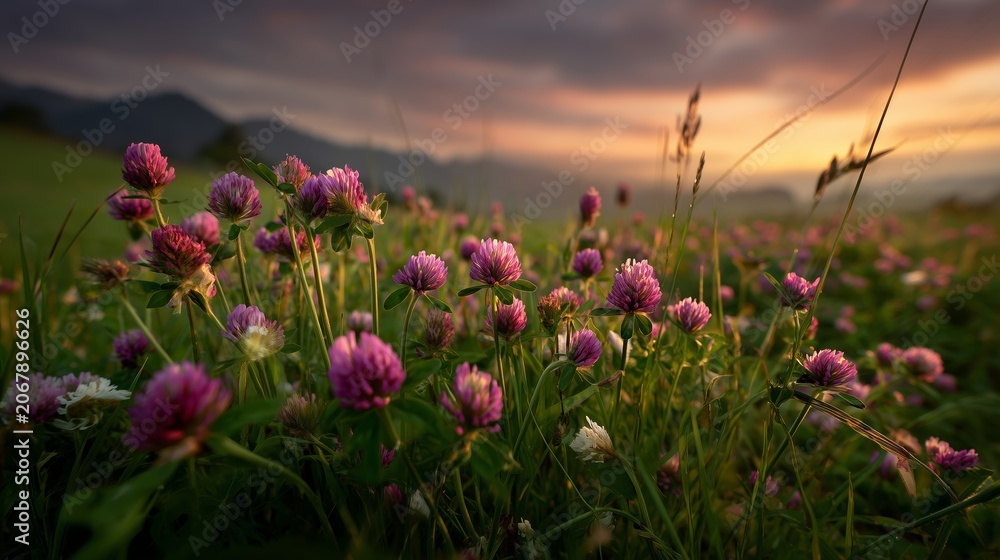 Obraz premium Red clover fields at sunset with blooming flowers and mountains in the background