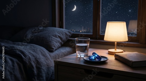 Bedside table setup with a lamp, water glass, and pills under a nighttime sky. Concept of relaxation, serenity, sleep routine, and nighttime scene for lifestyle and wellness topics. Generative AI