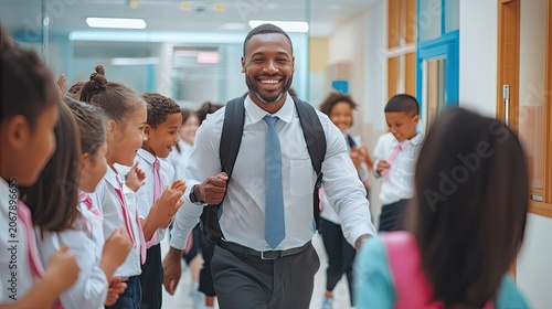 Happy school teacher walking through hallway with elementary students, education