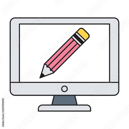 Colorful pink pencil on computer screen for drawing and writing education tools