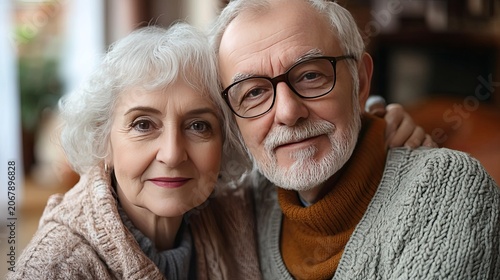 Portrait of a loving senior couple wearing glasses smiling at the camera