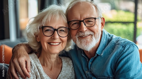 Happy elderly couple embracing while looking at the camera indoors with portrait
