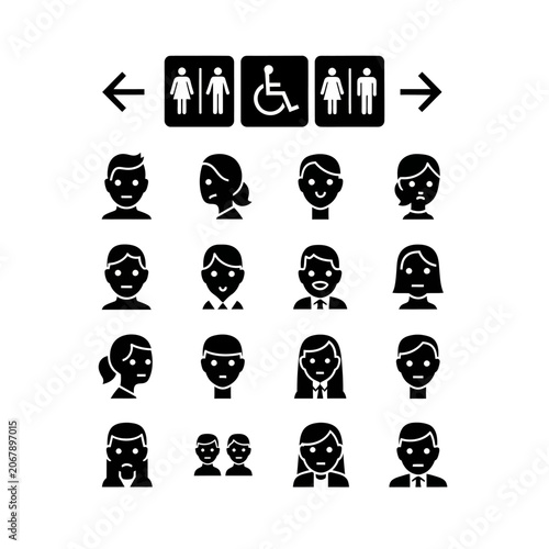 Accessibility and diversity icons set in black and white.