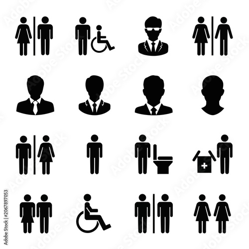 Collection of black icons representing various public restroom and accessibility symbols.