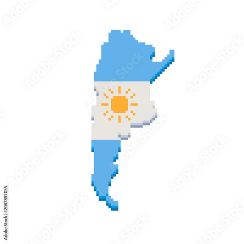 Pixel art map of Argentina filled with the national flag colors and Sun of May emblem. Retro 8-bit geographic icon for games, travel projects, education and country collections.