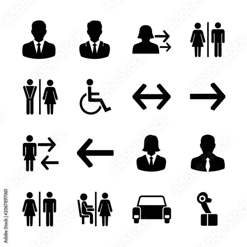 Collection of black and white icons representing various accessibility and direction symbols.