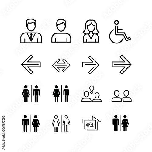 Collection of minimalistic icons representing people, accessibility, directions, and groups.