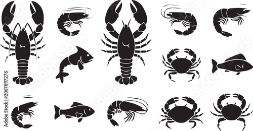 Cuadro en lienzo Seafood and Marine Life Silhouette Icon Set for Restaurant Menu