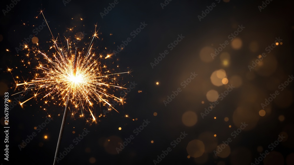 Fototapeta premium Bright Sparkler with Golden Bokeh Lights for New Year Celebration Background