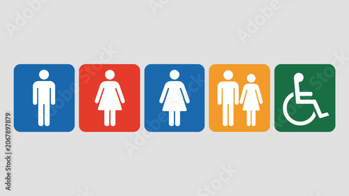 Restroom Symbol Icons In Blue Red Orange And Green Representing Gender And Accessibility accessibility icon bathroom signage symbols