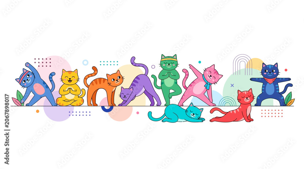 Fototapeta premium Cute Cartoon Cats Doing Yoga Poses Vector Illustration