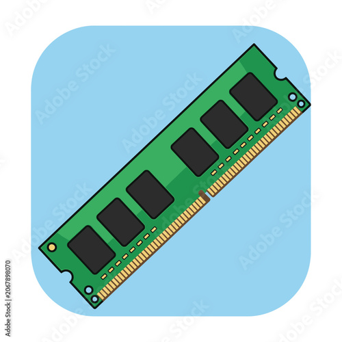 Green computer RAM module with gold contacts on light blue background