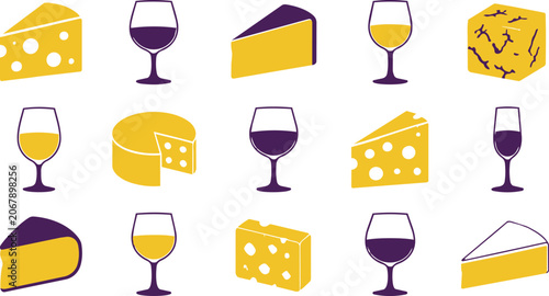 Cheese and wine glass flat vector icon set pattern