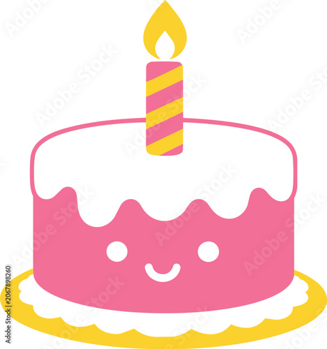 Cute pink birthday cake illustration with single lit candle