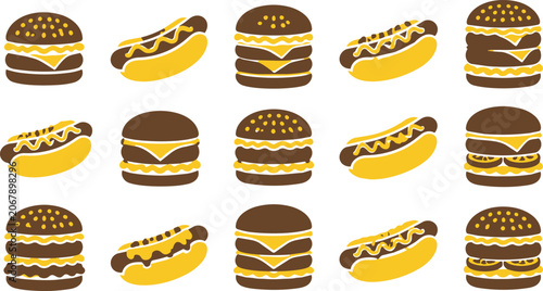 Fast food icon set featuring hamburgers and hot dogs