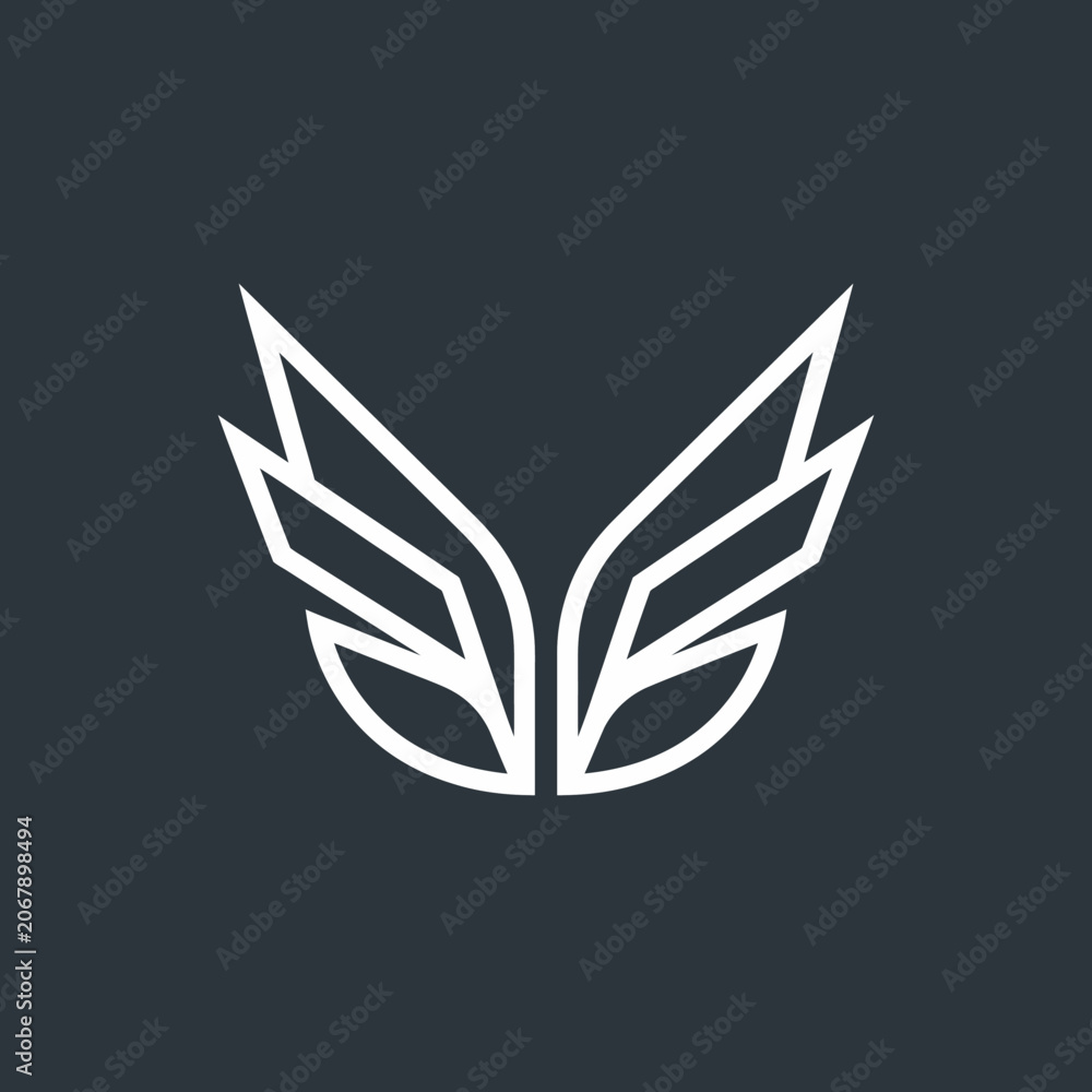 Fototapeta premium Abstract geometric white wings logo on dark background.