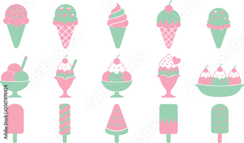 Pastel pink and mint green ice cream icon set collection