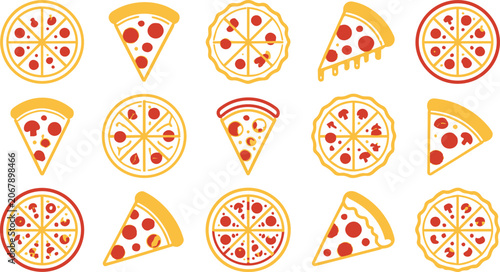 Pizza icon set featuring whole pies and triangular slices