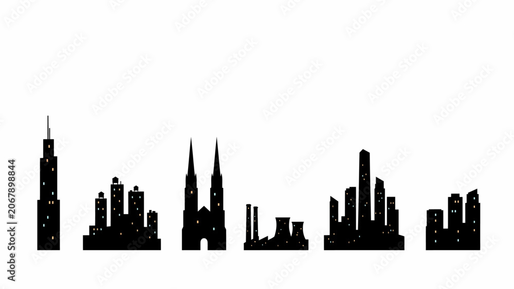 Obraz premium City Skyline Silhouette Against A White Background A Minimalist Vector Illustration Of Urban Architecture cityscape architecture buildings graphic