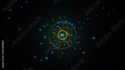 Abstract digital technology background with glowing ai symbol and particle light effects