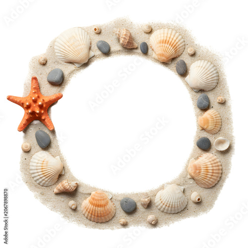 Beach sand circle frame with seashells and starfish