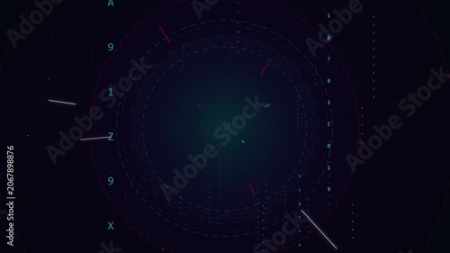 Abstract digital technology background with circular hud elements and data particles