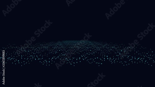 Abstract digital landscape with blue glowing particles on a dark background