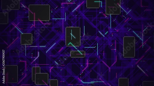 Abstract digital technology background with glowing circuit board lines and microchips