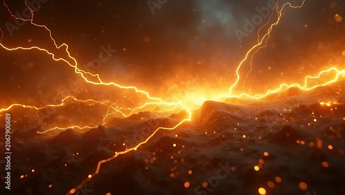 Fiery Electric Energy Landscape with Glowing Lightning Waves and Abstract Power Background