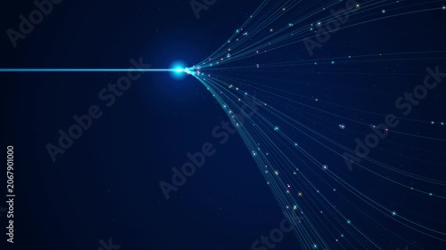 Abstract digital network connection with glowing light lines and data particles on dark blue background