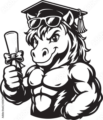 Strong Horse Graduate Mascot Vector Illustration Holding Diploma Certificate, Muscular Pony Character with Sunglasses and Graduation Cap, Educational Achievement Cartoon Logo Design