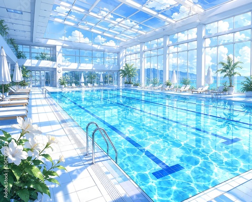 Indoor swimming pool, luxury resort pool, indoor pool with glass roof, blue water