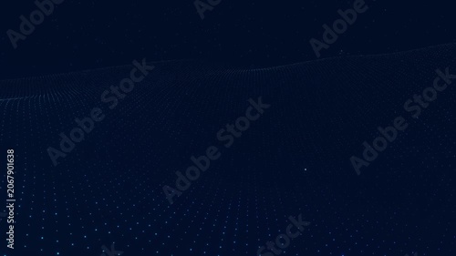Abstract digital landscape with flowing particles and glowing dots on a dark blue background