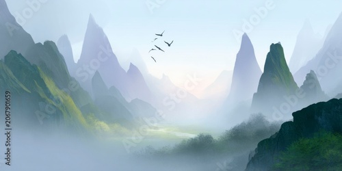 concept art of a misty valley, with birds flying in the sky