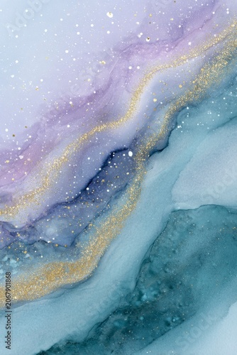 watercolor, pastel purple and gold galaxy with white dots, teal blue green smoke background