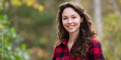 a beautiful, plump girl with long, curly hair wearing a red and black flannel shirt, smiling against an autumn forest background.