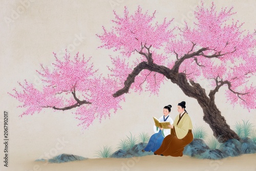 a man and his son sit under a plum tree, reading book. the background is beige with pink peach blossoms.
