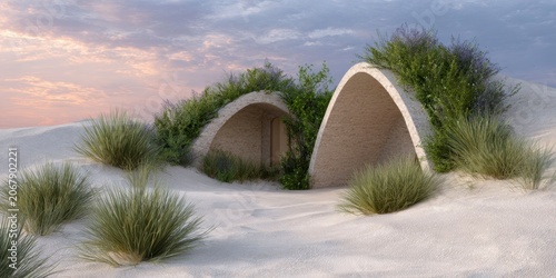  a small building made from mud brick in the shape of two arches, surrounded by sand dunes and vegetation