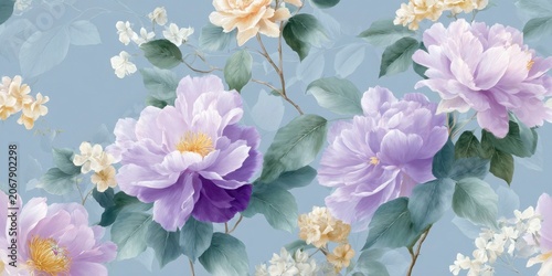 vintage floral pattern, pastel color palette, large peonies and daisies with leaves, on a blue background