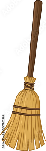 Cartoon illustration of a traditional wooden broom with straw bristles