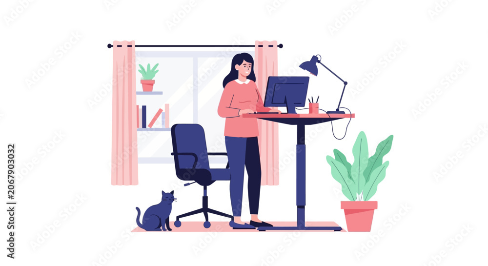 Fototapeta premium Woman Working at Ergonomic Standing Desk in Cozy Home Office with Cat. Flat Vector Illustration for Remote Work, Freelancing, and Healthy Workspace Concepts.