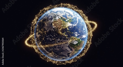 A glowing digital earth rotates in deep space, encased in a complex luminous network of golden light paths and data nodes across the globe, world, sphere, satellite