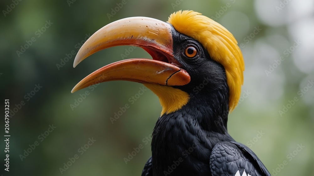 Obraz premium Portrait of a majestic hornbill bird showing a vibrant yellow crest and large orange beak